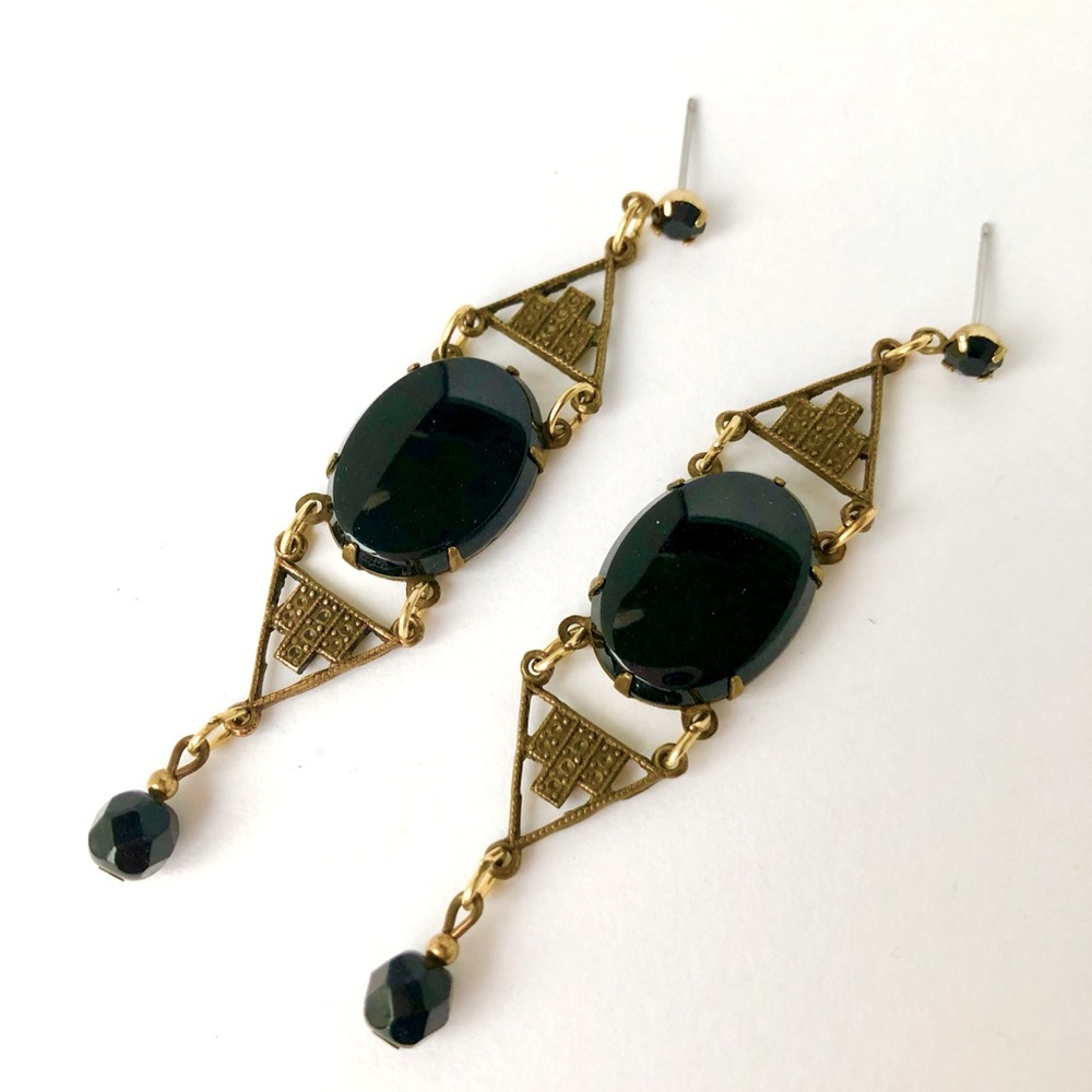 Vintage inspired Black stones and Brass drop earrings. New lightweight